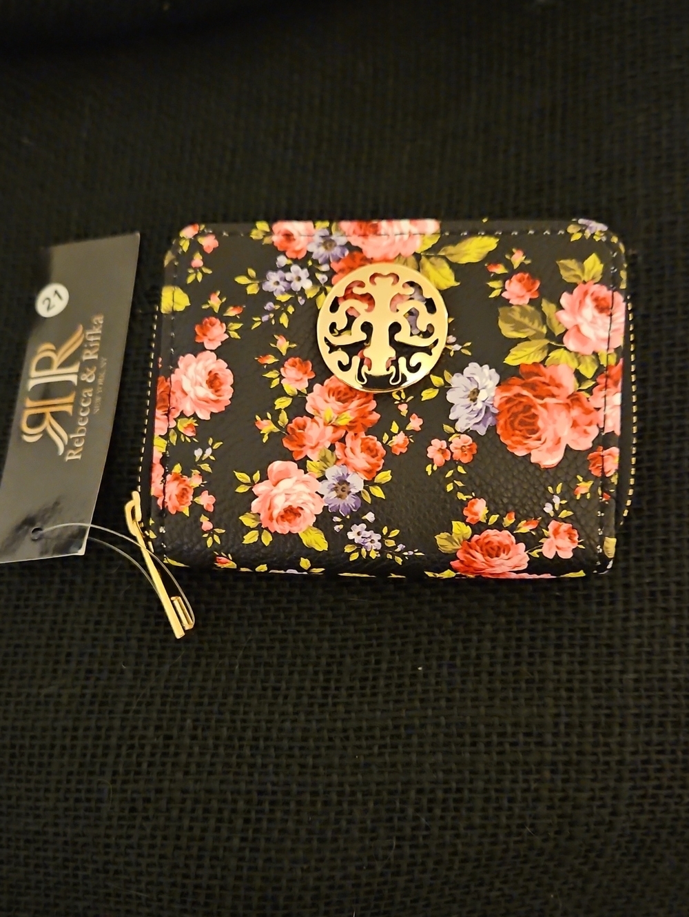 Rebecca & Rifka NWT Black Floral Zip Wallet with Gold Emblem